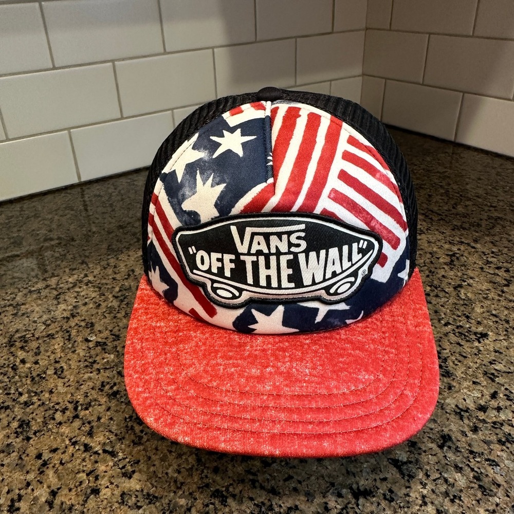 Vans Trucker Hat Snapback American Flag Patriotic Red White Blue Adjustable